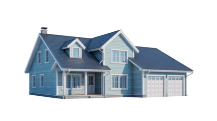 A charming light blue two-story house with a dark roof, white trim, a welcoming porch, and an attached two-car garage. background removed