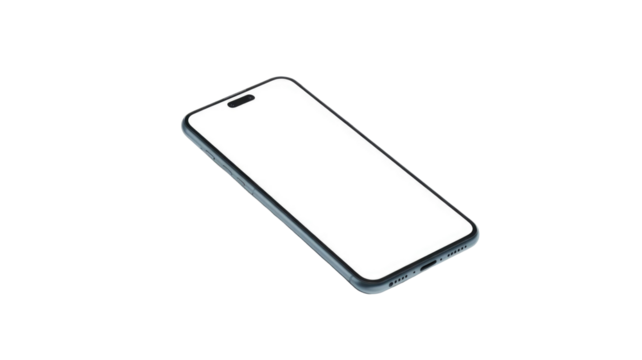 Modern smartphone with a blank white screen mockup, presented in an angled, isolated view on a transparent background, ideal for app and website showcases. background removed