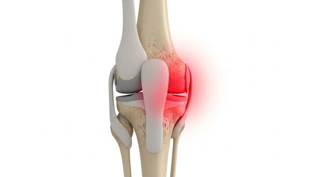 Anatomical knee joint illustration with red highlighting indicating inflammation and pain in the area shown