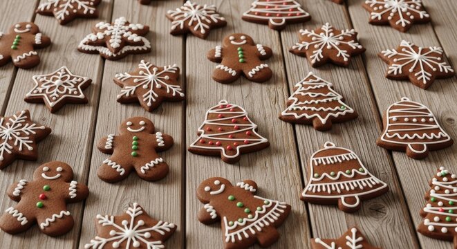 Festive gingerbread cookies with intricate icing decorations on rustic wooden surface - Powered by Adobe