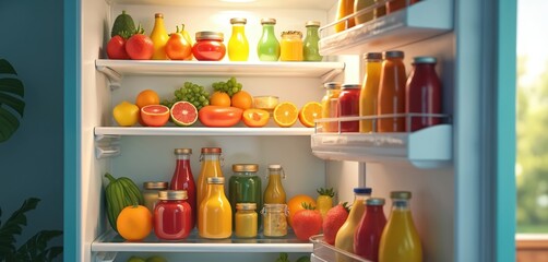 Open refrigerator full of colorful fruits, juice bottles. Healthy food, fresh produce, summer refreshment, healthy diet concept. Fridge with oranges, grapefruits, tomatoes, strawberry, fruits, juices.