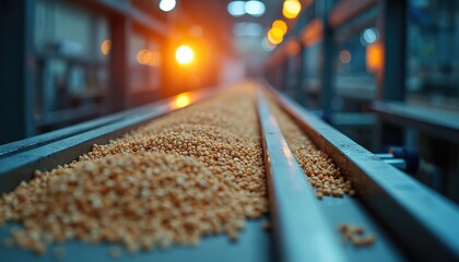 Naklejka premium Industrial conveyor belt moves biomass pellets. Closeup of organic fuel material under artificial light. Renewable energy production process in a factory.