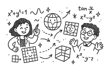 Joyful Math Cartography. Playful doodle cartographic science illustration with smiling mathematicians, cartoon equations floating,