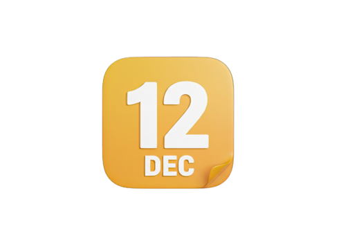 3D Rendered Yellow Icon With White Number 12 and Abbreviated Month December With Orange Peel Effect Isolated On Black Background