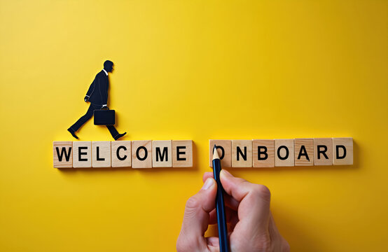 Business onboarding concept. Welcome onboard phrase written on blocks with walking person figure. Male hand holds pencil. Yellow backdrop. Employer welcomes new employee. Success, teamwork, new
