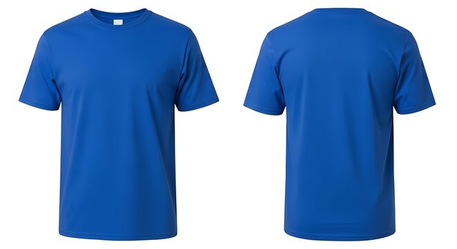Front and back view of a vibrant royal blue tshirt isolated on a white background, ideal for design mockups or as a colorful apparel option