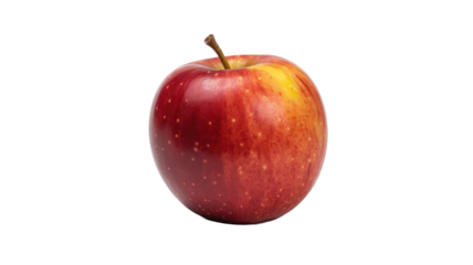 A single, vibrant red and yellow apple with a short stem, perfectly ripe and ready to eat, isolated on a solid transparent background. background removed