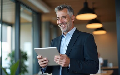Happy middle aged business man ceo wearing suit standing in office using digital tablet. Smiling mature businessman professional executive manager looking away thinking working on tech device.