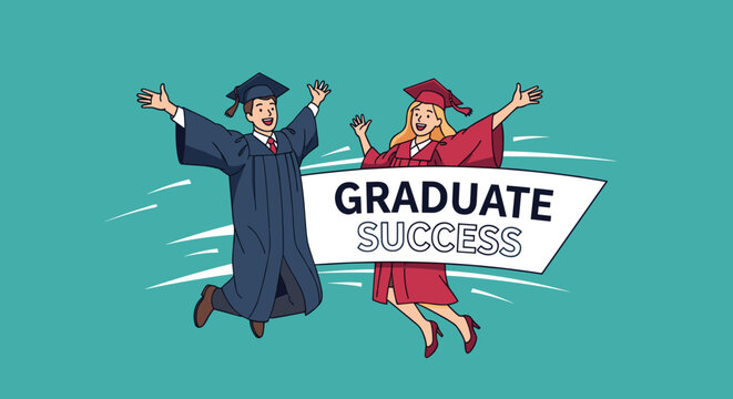 Happy graduates jumping with graduate success banner on turquoise background