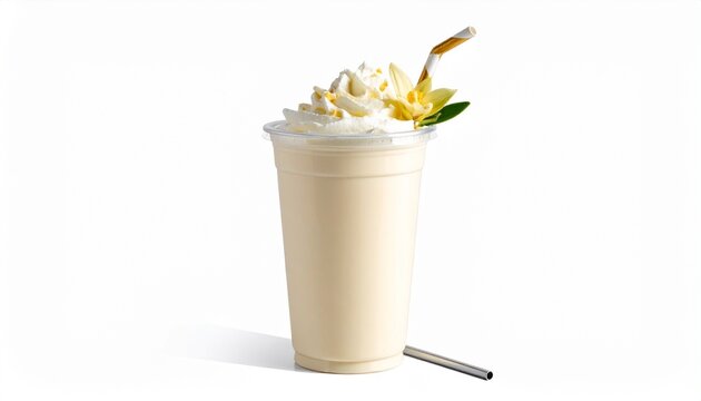 Plastic glass filled with vanilla milkshake and straw on a white backdrop