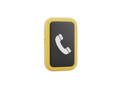 3D Rendered Yellow Smartphone With Black Screen Displaying White Phone Icon On Transparent Background