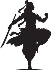 Fototapeta premium A silhouette of an Indian warrior, depicted in a dynamic pose with a sword, ready for battle, set against a plain background.