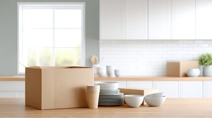 Cardboard box filled with kitchen items, including plates and cups, placed on a wooden countertop in a bright, modern kitchen, symbolizing the moving house concept