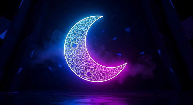 Crescent Moon with Intricate Geometric Pattern Shining in Neon Light a Celebration of Islamic Culture and Faith
