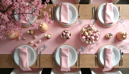 Easter table setting with pink napkins plates and pastel eggs. Cherry blossoms and decorative jars add spring atmosphere. Festive meal for family gathering.