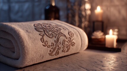 Luxurious Embossed Towel with Intricate Design, Illuminated by Soft Candlelight in a Serene Spa Setting.