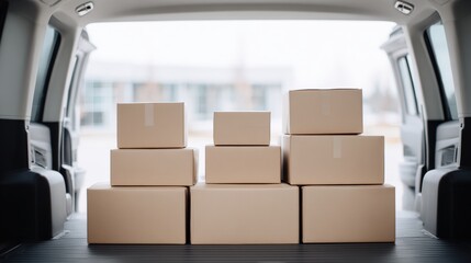 Stacked cardboard boxes in the back of a moving van, ready for relocation, showcasing the process of moving house with organized packing and preparation