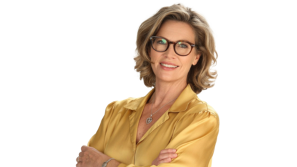 A confident, smiling middle-aged woman in glasses and a golden blouse, with crossed arms, looking approachable and professional against a transparent background. background removed