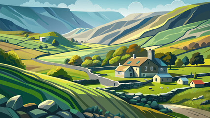 Very beautiful semi-realistic vector landscape of Swaledale in the Yorkshire Dales, featuring rolling green valleys, winding dry-stone walls, scattered farmsteads, and soft natural lighting over a pea