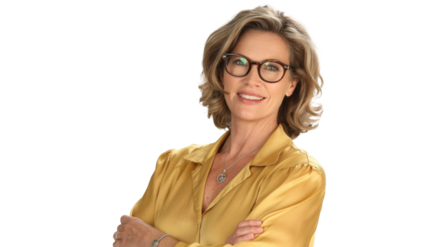 A confident, smiling middle-aged woman in glasses and a golden blouse, with crossed arms, looking approachable and professional against a transparent background. background removed