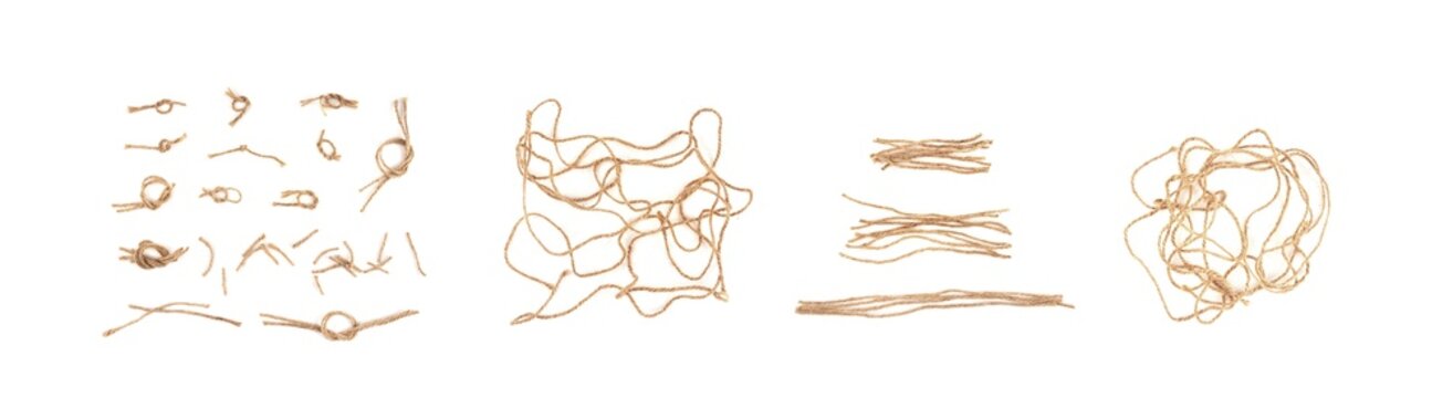 String piece isolated, jute rope fragment, part of packaging cord knots, eco-friendly natural rope