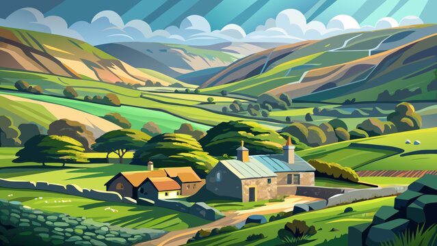 Very beautiful semi-realistic vector landscape of Swaledale in the Yorkshire Dales, featuring rolling green valleys, winding dry-stone walls, scattered farmsteads, and soft natural lighting over a pea - Powered by Adobe