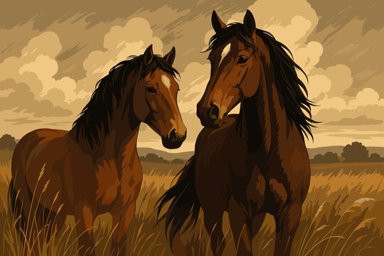 Majestic Horses in Field. Artistic depiction of a pair of majestic horses in a field, soft natural tones, dramatic lighting, ideal