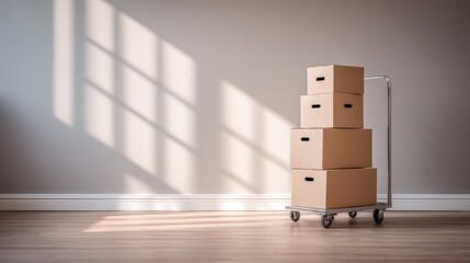Stacked cardboard boxes on a metal cart in an empty room with wooden flooring and soft sunlight casting shadows, symbolizing the moving house concept and transition