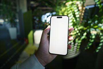 Mobile App Mockup Blank Screen Office Background