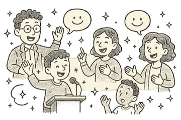 Magical Public Speaking Workshop. Magical doodle public speaking workshop with smiling instructors, cartoon participants