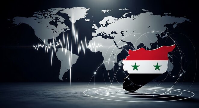 Syria map with flag colors overlaid on world map highlighting global connection and impact, use for geopolitical analysis and international affairs insights