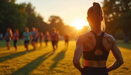 Woman leads outdoor fitness workout at sunset. Group running on grass. Instructor motivates people. Sporty girl enjoys activity. Fitness lifestyle at park in golden light. Teamwork, motivation.