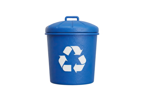 A 3D Rendered Blue Recycling Bin With A White Recycling Symbol And Water Droplets On Its Surface Isolated On A Black Background - Powered by Adobe