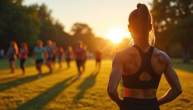 Woman leads outdoor fitness workout at sunset. Group running on grass. Instructor motivates people. Sporty girl enjoys activity. Fitness lifestyle at park in golden light. Teamwork, motivation.
