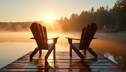 Two empty Adirondack chairs sit on wooden dock overlooking serene lake at sunrise. Chairs face calm water with misty forest in background. House visible on shore. Sun rays create long shadows on pier.