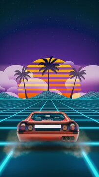 A vibrant synth wave 80s style vertical animation featuring a classic sports car driving across a neon lit grid toward a high sunset. Perfect for mobile backgrounds stories.