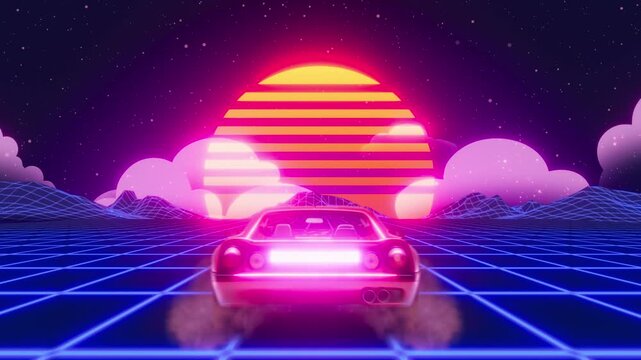 Retro 80s Synthwave background loop featuring a red sport car driving away into a glowing digital grid landscape towards a vibrant sunset. Ideal for music, gaming, and nostalgic retro projects.