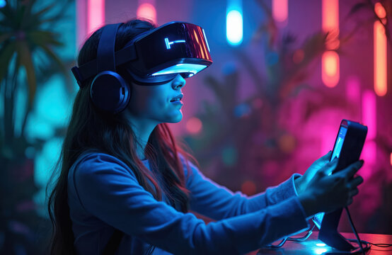 Young woman wears VR headset, headphones. Holds glowing tablet device. Bright neon blue, pink lights illuminate futuristic room. Girl interacts with advanced tech, exploring digital world gaming
