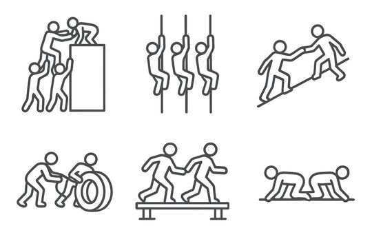 Teamwork OCR Icons. Line style icons of team OCR strategies: group lift over wall, synchronized rope climb, helping hand up slope,