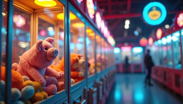 Brightly lit arcade game machines line up in vibrant entertainment center. Colorful pink pig plush toy sits inside claw machine, waiting to won by happy players. People enjoy playful leisure activity
