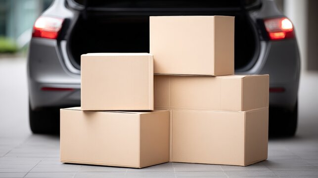 Stacked cardboard boxes in front of an open car trunk, ready for moving house, showcasing organization and preparation for relocation process with copy space