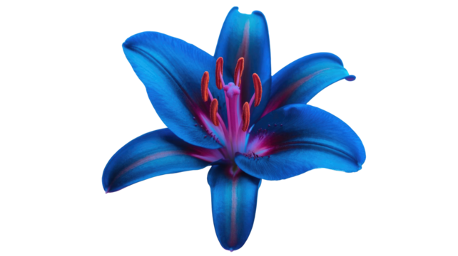 A stunning vibrant blue lily flower with intricate pink and purple accents and bright orange stamens, isolated against a background. background removed