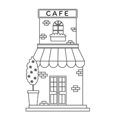 Charming hand drawn vector illustration of a small coffee shop with awning, rooftop sign, windows, and surrounding trees.