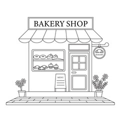 Charming hand drawn vector illustration of a small coffee shop with awning, rooftop sign, windows, and surrounding trees.