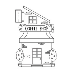 Charming hand drawn vector illustration of a small coffee shop with awning, rooftop sign, windows, and surrounding trees.
