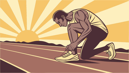 Runner tying shoes illustration for running competition marathon race training and fitness motivation
