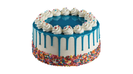 A festive round cake featuring white frosting, blue drip glaze, whipped cream rosettes, and colorful sprinkles all around. Ideal for celebrations. background removed
