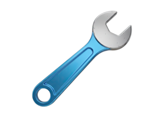 A 3D Rendered Shiny Blue Metal Open Ended Wrench Tool With Silver Accents And A Black Transparent Background For Mechanic And Repair Concepts