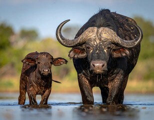Obraz premium Mother and calf stand in water, facing the viewer directly
