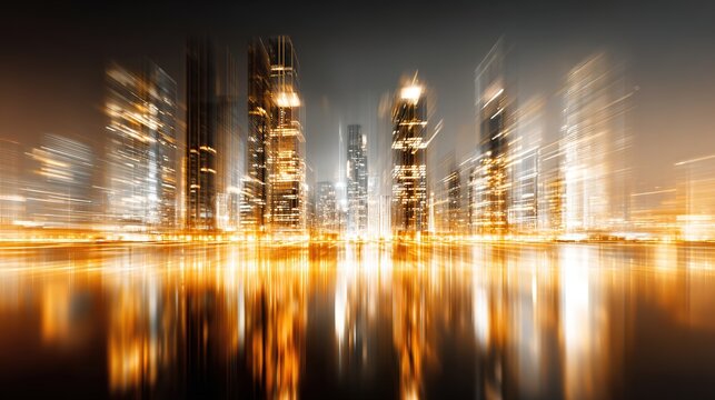 Abstract night cityscape with fast motion blur effect where vertical skyscrapers glow with bright golden and orange lights reflecting in the mirrored water
